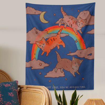 Cute Cat Tapestry Wall Hanging Rainbow Cat star moon Cartoon Tapestries for Living Room Kids Room Bedroom Room Decor Wall Art Tapestries Hangings