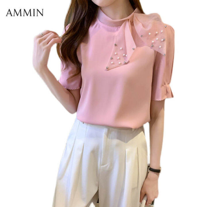 ammin-เสื้อสตรีผ้าชีฟองแขนสั้นผูกโบว์-เสื้อเบลาส์สำหรับผู้หญิงดีไซน์แฟชั่นสไตล์เกาหลีเสื้อแต่งลูกปัดคุณภาพสูงใส่ได้กับทุกชุด