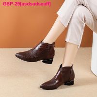 Asdsadsaaff Botas De Couro Com Zíper Traseiro Feminino Botas Caxemira Saltos Volumosos ขนาดพิเศษ Outono Novo C1142