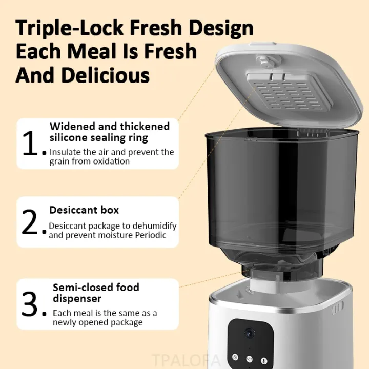 กล่องจ่ายอาหารแห้งอัจฉริยะ6l-ตั้งเวลาเครื่องให้อาหารสัตว์เลี้ยงอัตโนมัติได้ด้วยกล้องวีดิโอเสียงสำหรับแมวสุนัขชามให้อาหารสุนัขอัจฉริยะ
