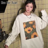 RUO BEI XUAN เสื้อกันหนาวผู้หญิง เสื้อสเวตเตอร์ ลายดอกทานตะวัน แขนยาว เสื้อสเวตเตอร์ สไตล์เกาหลี หลวม เทรนด์แฟชั่น TOP Womens Jacket