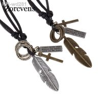 ZORCVENS Alloy Feather Necklace Adjustable Leather Rope Jewelry Collier Sautoir Long Necklaces Pendants