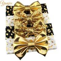 【YF】 YANJIE Shimmery Leopard 5  Metallic Hair Bows Elastic Headband Hot-sale Girls Accessories For Kids Retro Headwrap Band