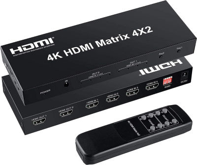 FERRISA 4x2 HDMI Matrix Switch,4 in 2 Out Matrix HDMI Video Switcher Splitter +Optical &amp; L/R Audio Output,Support Ultra HD 4K,3D 1080P,Audio EDID Extractor with IR Remote Control 4K 30Hz 4x2 HDMI Matrix