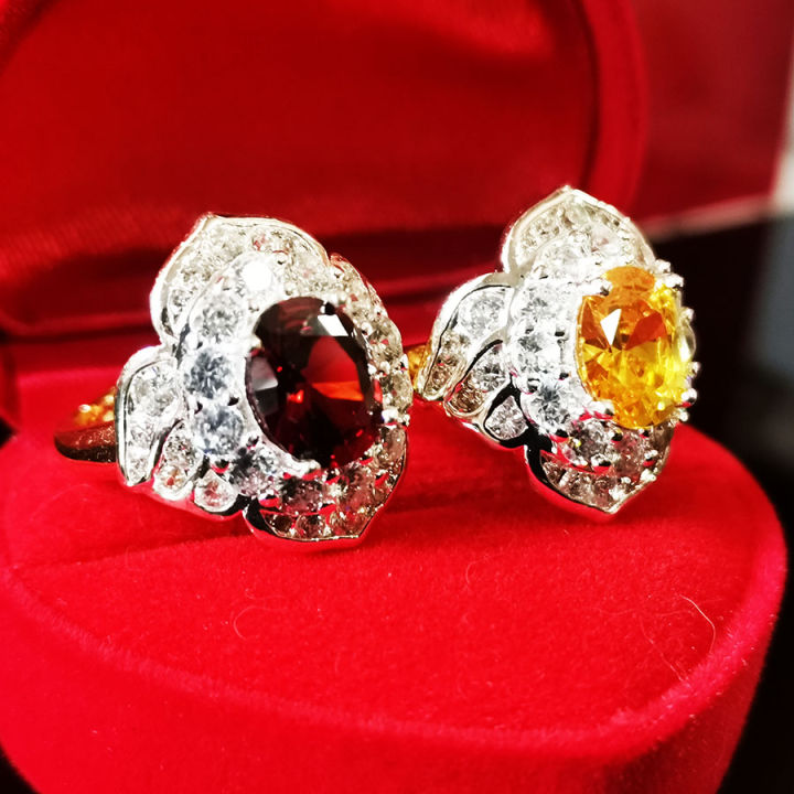 inspire-jewelry-แหวนบุษราคัมสีเหลือง-แหวนโกเมนสีส้ม-ประดับเพชรcz-หรู-ตัวเรือนหุ้มทองแท้-24k-งาน-design-งานจิวเวลรี่-รุ่นสามารถปรับขนาดได้
