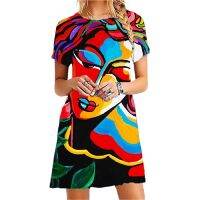 【Feb】 Women Dresses Summe New 2022 3D Abstract Painting Print A-Line Mini Dress Ladies Short Sleeve O-Neck Casual Streetwear Clothes