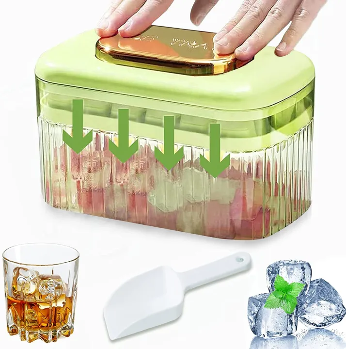 Silicone Press Type Ice Cube Tray for Freezer with Lid and Bin, One