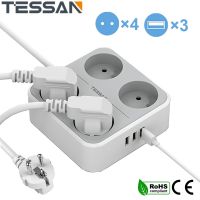 TESSAN ปลั๊กไฟยุโรปหลายตัวพร้อมซ็อกเก็ต4ทาง3พอร์ต USB สวิตช์2ม. สายไฟต่อป้องกันการโอเวอร์โหลดสำหรับบ้าน