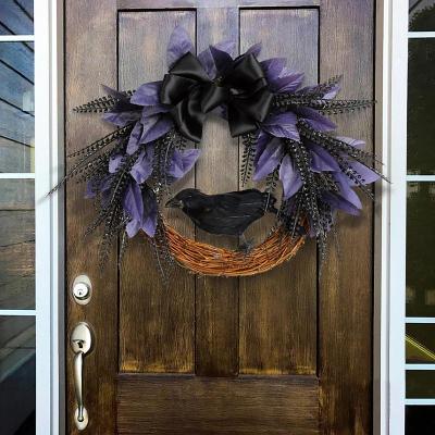 Spooky Halloween Wreath Crow พวงหรีดฮาโลวีนสำหรับด้านหน้าประตู Home Decor พวงหรีดประดิษฐ์ป้ายต้อนรับสำหรับในร่มกลางแจ้ง Party