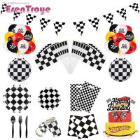 ┅✔ Racing Car Party Decoration Black White Disposable Tableware Set Checkered Flag Balloon Boys Formula 1 Birthday Party Supplies