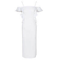 Decollete Woman Sling Straps Flounced Backless Mid-Calf Length Ruffled Sexy White Dress