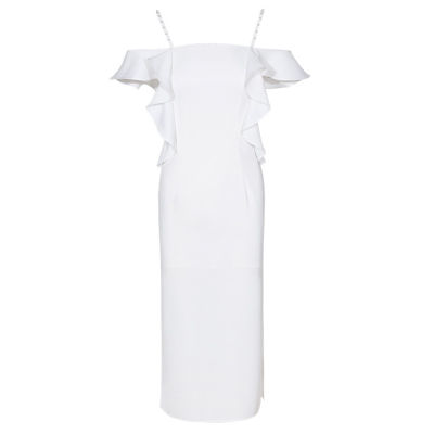Decollete Woman Sling Straps Flounced Backless Mid-Calf Length Ruffled Sexy White Dress