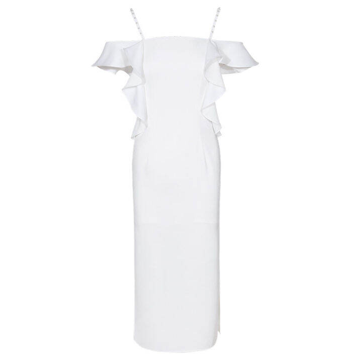 decollete-woman-sling-straps-flounced-backless-mid-calf-length-ruffled-sexy-white-dress