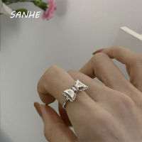 Sanhe Sweet Zircon Rings For Women Open Rings โบว์สไตล์เกาหลี Simple Elegant Pink Crystal Jewelry