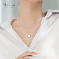 สร้อยลูกปัด925แบบเรียบง่ายลายเหรียญแบบ Modian จี้เงินสเตอร์ลิงสำหรับผู้หญิงสร้อยคออัญมณีแบบธรรมดาสองชั้นสำหรับผู้หญิง