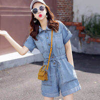 Denim Jumpsuit ผู้หญิงครึ่งแขน Oversize Casual Pocket ชุดผู้หญิง Playsuit กางเกงวินเทจกางเกง Overalls สำหรับผู้หญิง