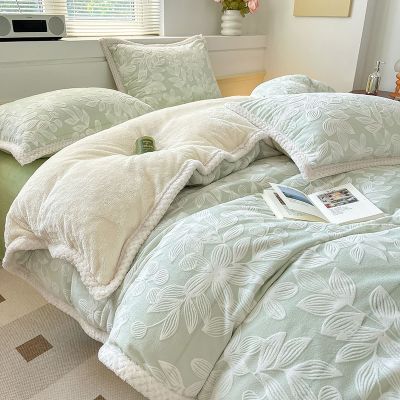 [COD] thickened milk velvet four-piece wholesale coral quilt three-piece set plus warm sheets fitted