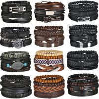 MeMolissa 3/4Pcs/ Set Braided Wrap Leather Bracelet for Men Vintage Life Tree Guitar Wood Beads Fashion Male Bracelets Wristband Charms and Charm Brac