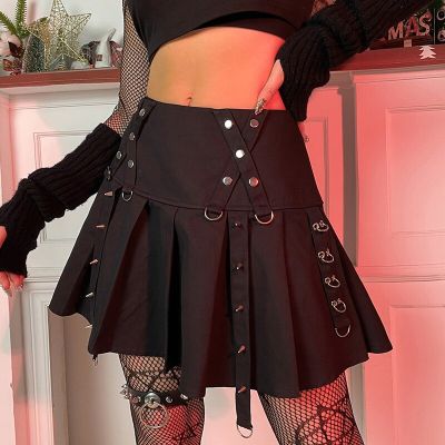 ‘；’ Gothic Skirts Diablo Harajuku Personality Spice Rivet Metal Buckle Streamer Low Waist A Version Short Pleated Skirt Y2k Skirt