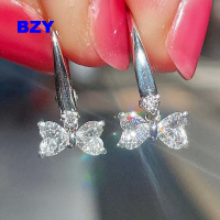 BZY ประณีต Bow Shaped Charm Dangle ต่างหูผู้หญิงสีเงินหรูหราฝังพราว CZ Aesthetic เจ้าสาวงานแต่งงานเครื่องประดับ