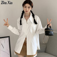 ZhuXia Double Zipper เสื้อเชิ้ตแขนยาวคอปกโปโลสีขาว