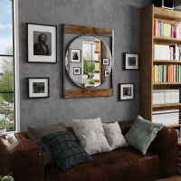 ARTLOGE กระจกติดผนัง Metal Round Wall Mirror with Square  Wood Frame กรอบไม้ กันน้ํา ติดผนัง