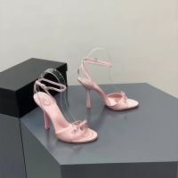 Bow satin heels in the summer of 2023 women feeling fine diamond letters with cool open-toed sandals