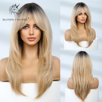 Blonde Unicorn Synthetic Medium Long Straight Brown Blonde Wig For Women Cosplay Daily Party Wigs Heat Resistant False Hair Wig  Hair Extensions Pads