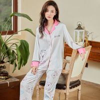 Korean style lapel V-neck womens long-sleeved silk home clothes set spring and autumn thin sweet printed pajamas two-piece top