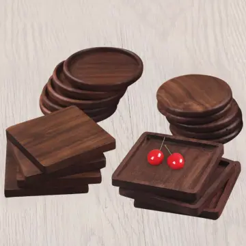 6Pcs Wood Coaster Set with Holder Square Wooden Drink Coasters Cup Mats  Black Walnut Coffee Coaster