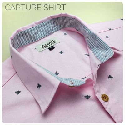 Capture Shirt เสื้อเชิ้ตผู้ชาย เชิ้ตแขนสั้น คอปก ลายกวางใบเฟิร์น สีชมพู มีถึงอก 48 นิ้ว