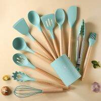 12Pcs Wooden Handle Silicone Kitchen Utensils With Storage Bucket High Temperature Resistant And Non Stick Pot Spatula And Spoon Pots Pans