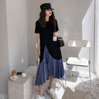 เสื้อผ้าแฟชั่นสำหรับสุภาพสตรี 300 jins fat mm heavy summer dress female code easy show thin false two splicing irregular knee-length skirts T-shirt