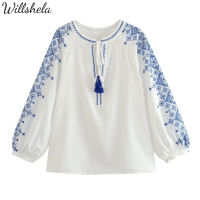 Willshela เสื้อวินเทจลำลองสำหรับผู้หญิงเสื้อเสื้อสตรีคอกลมแขนยาวแร็กแลนปักลายแฟชั่นสำหรับผู้หญิง