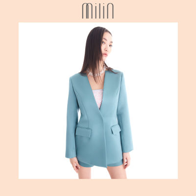 [MILIN] Collarless satin long sleeve blazer with side pockets เสื้อเบลเซอร์ แขนยาว ไม่มีปก แต่งกระเป๋าด้านข้าง ผ้าซาติน Vaso Jacket สีเขียว/ สีม่วง Green/ Purple