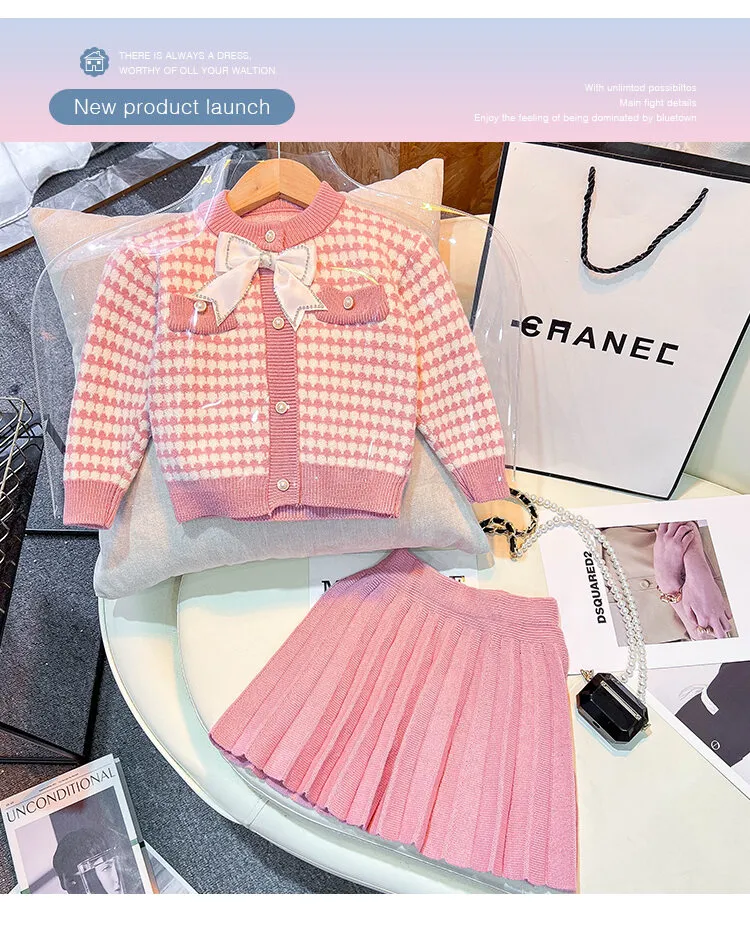 Girls Sweater Suit Spring and Autumn 2023 New Fashion Baby Knitted Pleated Skirt  Chanel Style Skirt Two-Piece Set | Lazada