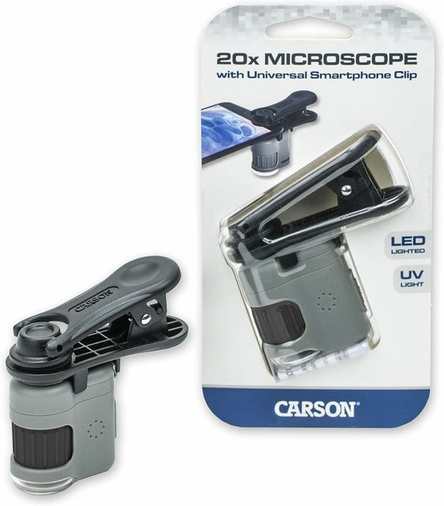 carson-micromini-20x-led-lighted-pocket-microscope-with-built-in-led-and-uv-flashlight-and-universal-smartphone-digiscoping-adapter-clip-mm-380
