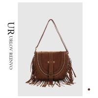 ۞ UR Tassel Bag Brown Retro Western Denim Bag Niche Ethnic Style Bohemian Messenger Bag Womens Trendy Travel