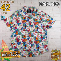 SPENCERS®แท้ อก 42 เสื้อฮาวายชาย เสื้อวินเทจ เสื้อผ้าผู้ชาย สีน้ำเงินแดง แขนสั้น เนื้อผ้าดี