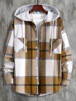 Men Hooded Plaid Shirt with Two Pockets