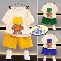 New Children Sports Clothing Suits Korean Style Boys Handsome Casual Fashion Short Sleeves Clothes Sets Kids Cartoon Tops +Pure Color Shorts Leisure Summer Wear Two-Pieces For 0-8 Years Boy Trend Outfits