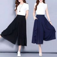 Casual Seven Point Skirt Pants Women Summer Chiffon Slim Capris Female Oversized Trousers High Waisted Elegant Womens Wide Leg