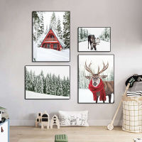 Winter Wild Scenery Poster Christmas Wall Art Canvas Painting Reindeer Print Landscape Nordic Wall Picture Living Home Decor