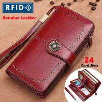 RFID Genuine Leather 24 card Women Ladies Long Wallet Leather Zipper Clutch Wallet Card 24card Holder buckle purse