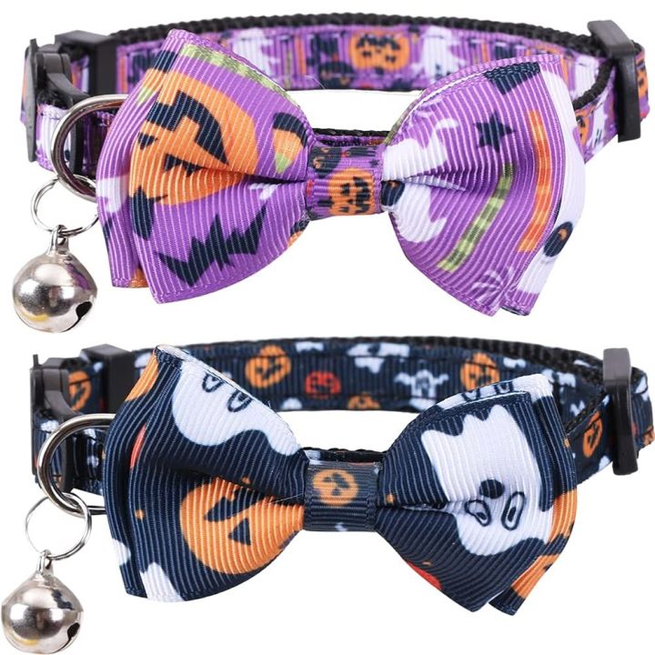 hot-halloween-cat-collar-breakaway-with-bell-and-bow-tie-ghost-pumpkin-patterns-new-adjustable-nylon-safety-kitten-collar-for-party