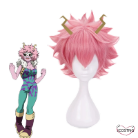 วิกผมคอสเพลย์อะนิเมะฮีโร่ของฉัน Academia Boku No Hiro Ashido Mina วิกเครื่องแต่งกายวันฮาโลวีนสังเคราะห์สีชมพูทนความร้อนได้วิกผมสั้น