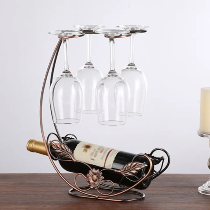 Tabletop Rack Stemware Holder Holds 1 Bottle and 4 Glasses Freestanding