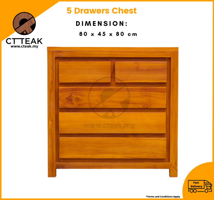 CT Teak Furniture Jati / Teak Wood 5 Drawers Chest 100 Solid Teak