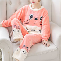 winter pink Flannel Warm Pajamas Women Long Sleeve Home Suit Ladies sleepwear cartoon Velvet Pajama set Thicken Feminino Pyjamas