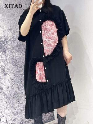 XITAO Dress Asymmetrical Folds Flower Patchwork Women Casual Shirt Dress